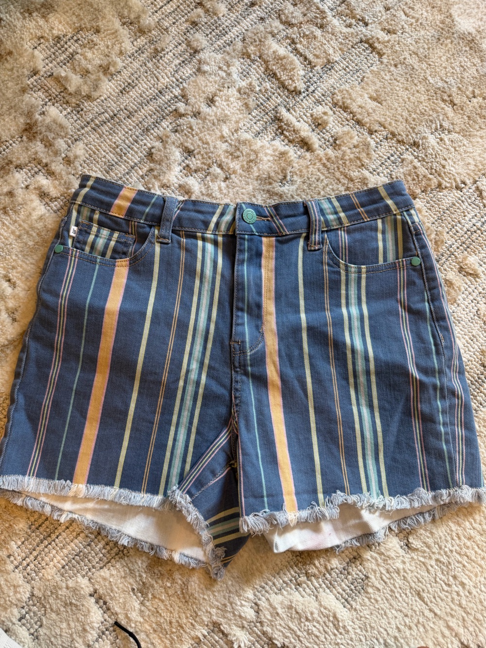 Judy Blue Striped Denim shorts in Navy with Yellow & Teal Accents